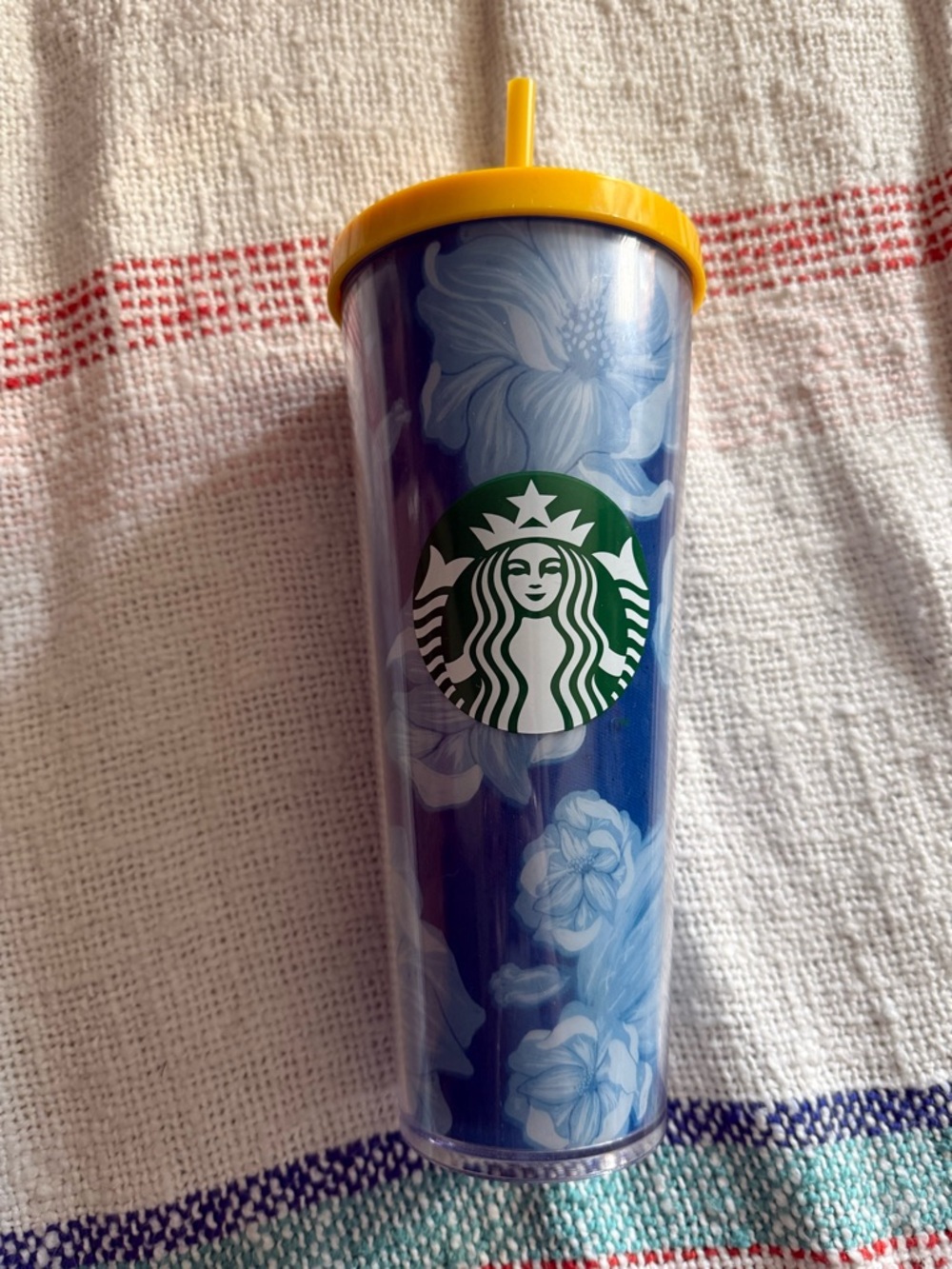 Starbucks Blue Floral Tumbler with Yellow Lid and Straw